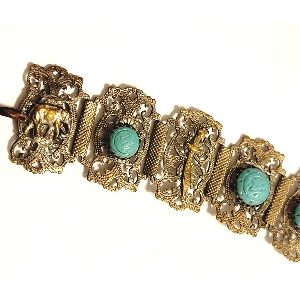 Panel‎ Bracelet Elephant Sword Turquoise Blue Molded Glass Silver-tone sbr-18